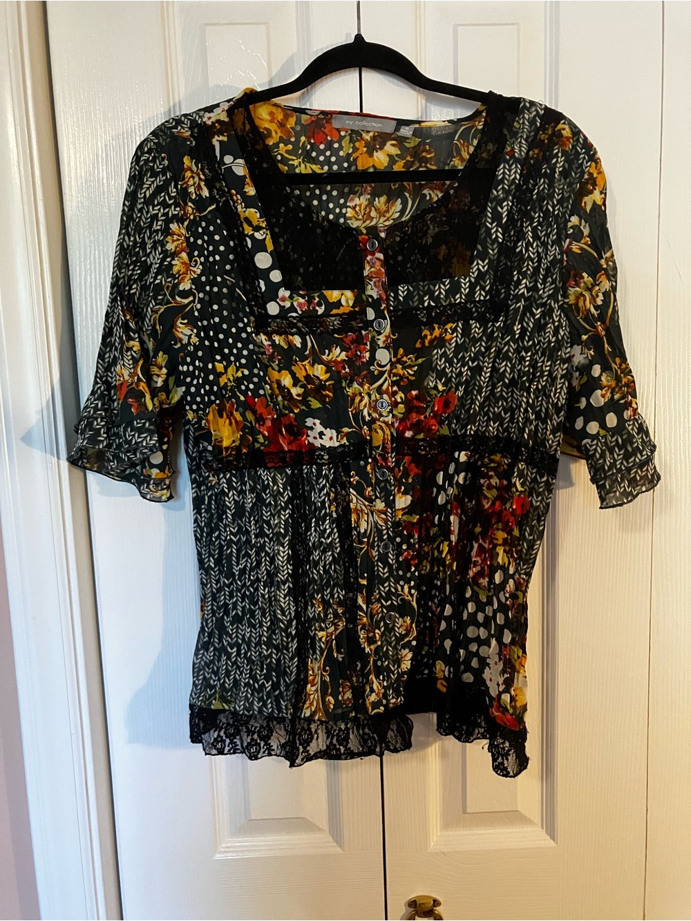 NY Collection Black Mixed-Print Floral Button-Front Blouse